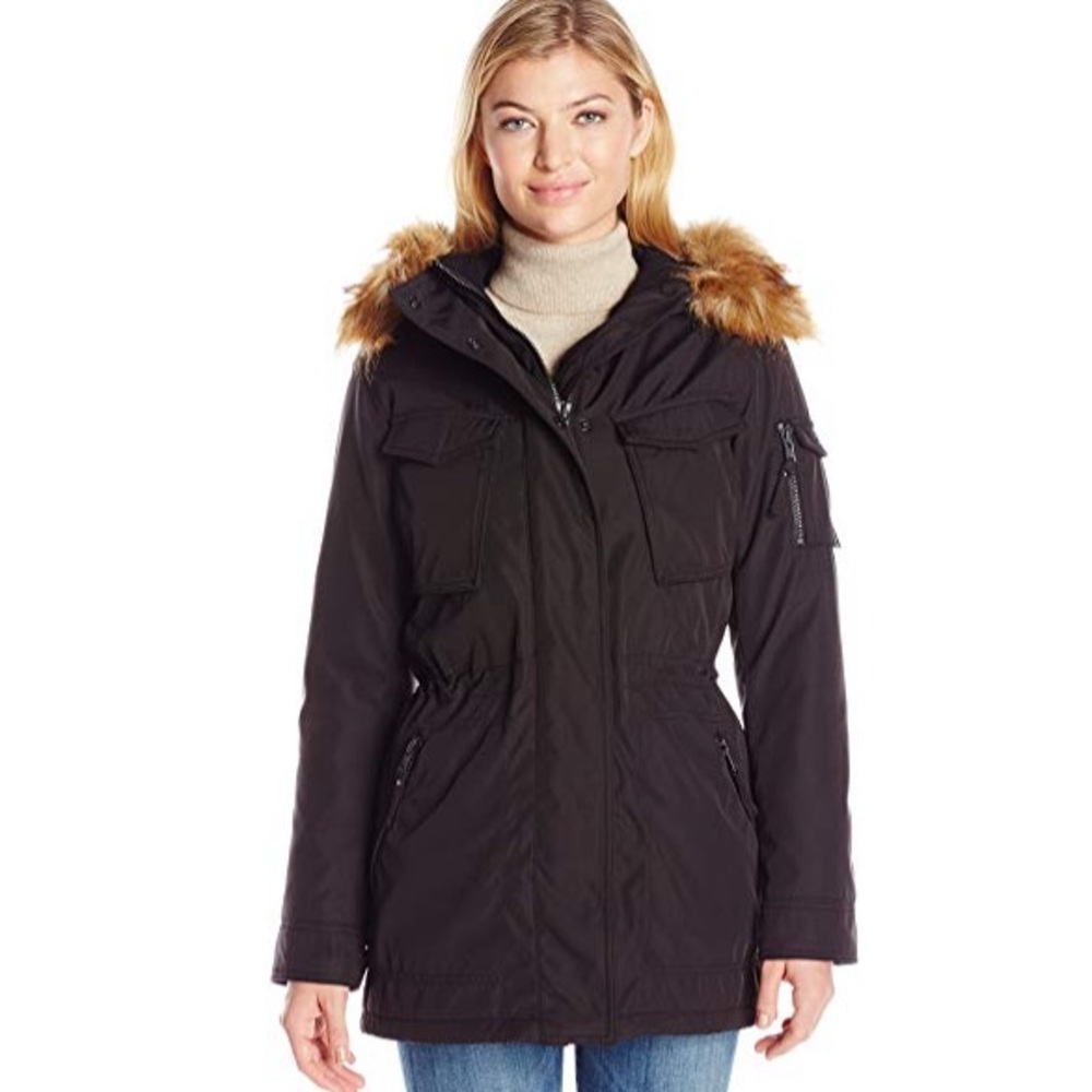 Women's Black Utility Jacket with Faux Fur Trim